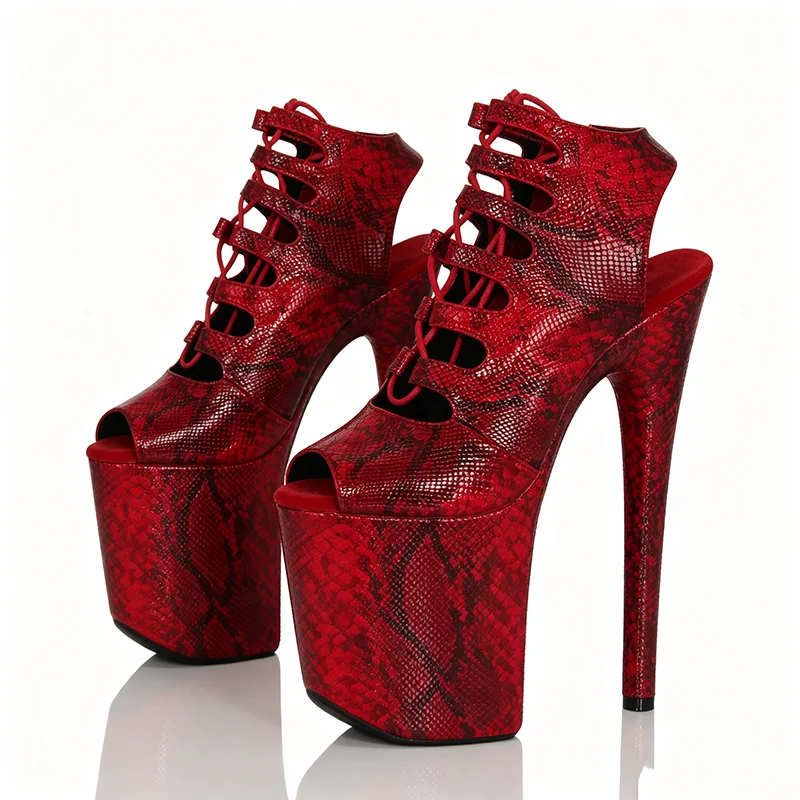 New Red Snake Print Peep Toe Boots Cutout Lace Up 20cm Ultra Stilettos Pole Dance Heels Nightclub Stage Dancer Party Sandals
