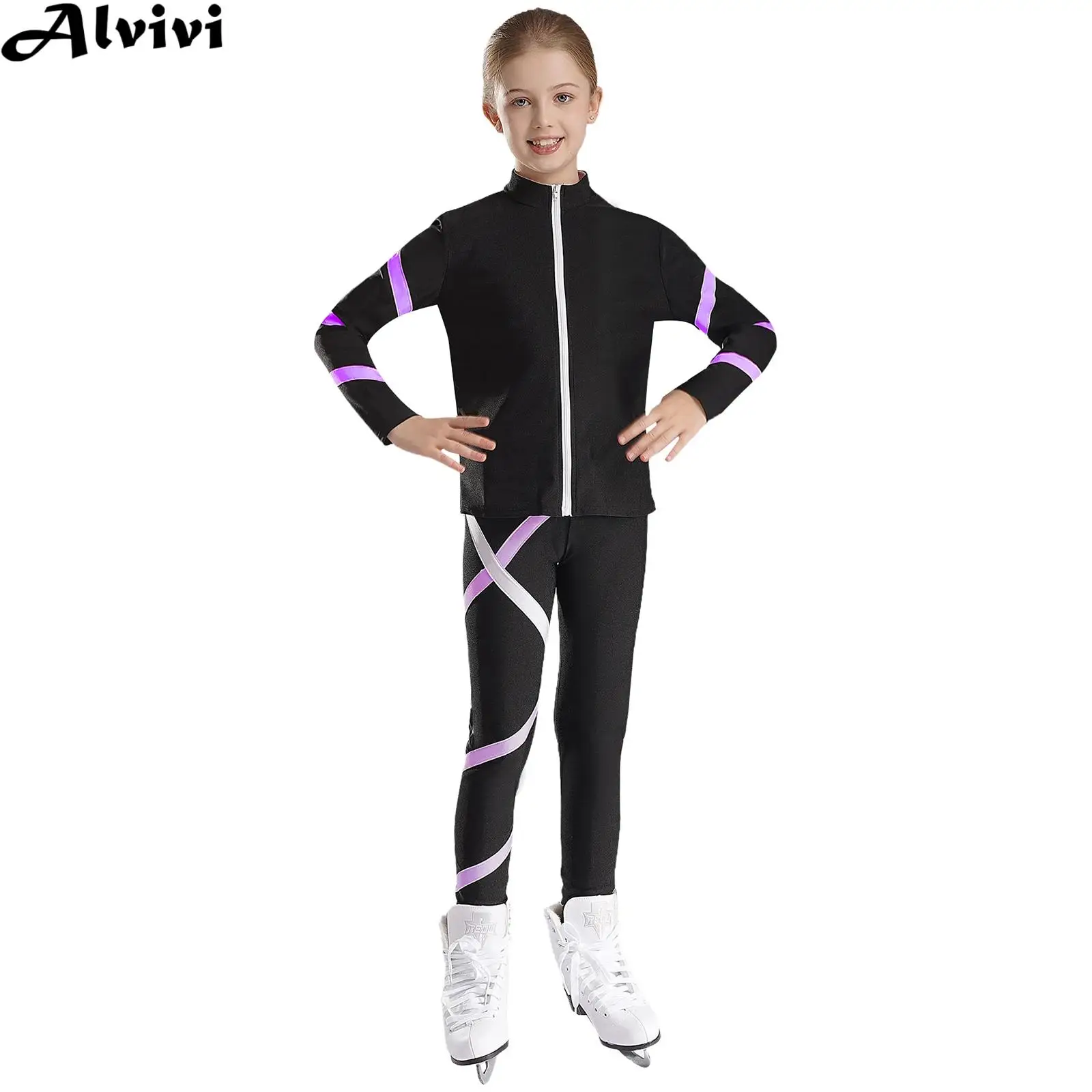 Disfraz de patinaje sobre hielo para niñas, sudadera de manga larga con cremallera y Leggings, traje deportivo para baile, gimnasia, Yoga, entrenamiento, correr