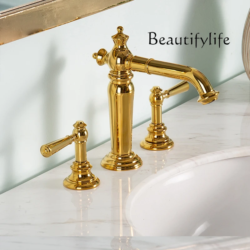 New zirconium gold pure British retro all-copper three-hole column basin basin faucet handle