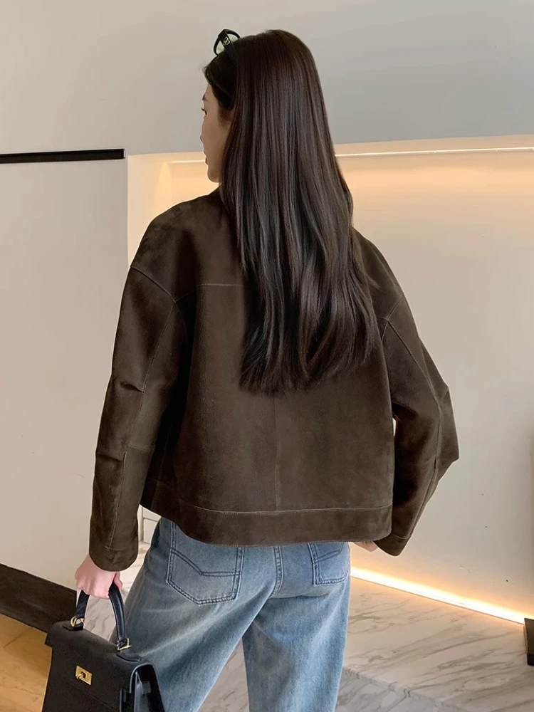 Vintage Short Genuine Leather Motorcycle Jackets for Women Spring Autumn 2025 New High-end Simple Slim Real Goatskin Suede Coat