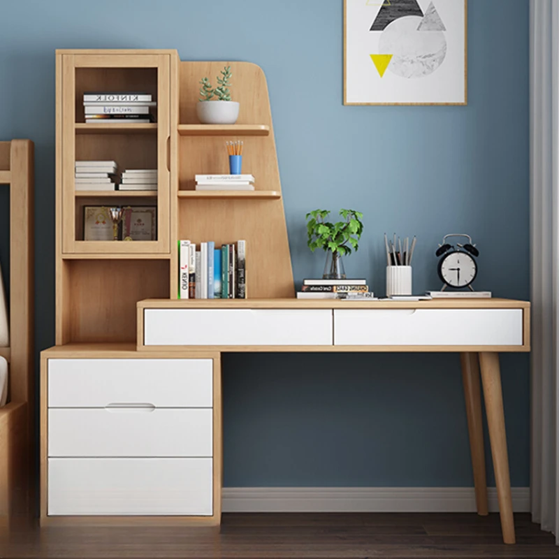 Massief Houten Bureau-En Boekenplankcombinatie Voor Kleine Huishoudstudenten, Thuiscomputer, Schrijftafel, Nordic Minimalistisch Studeren