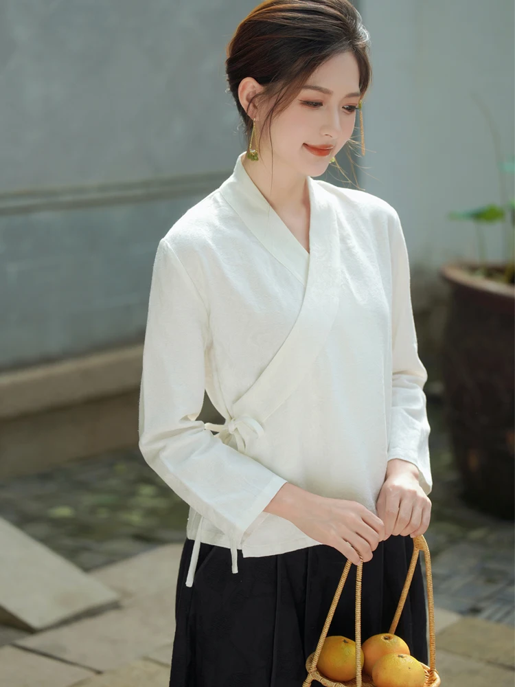 

Весенне-осенний женский топ Ханьфу из хлопка и льна в стиле дзен, художественный ретро-топ, базовый слой для чаепития, традиционная китайская одежда
