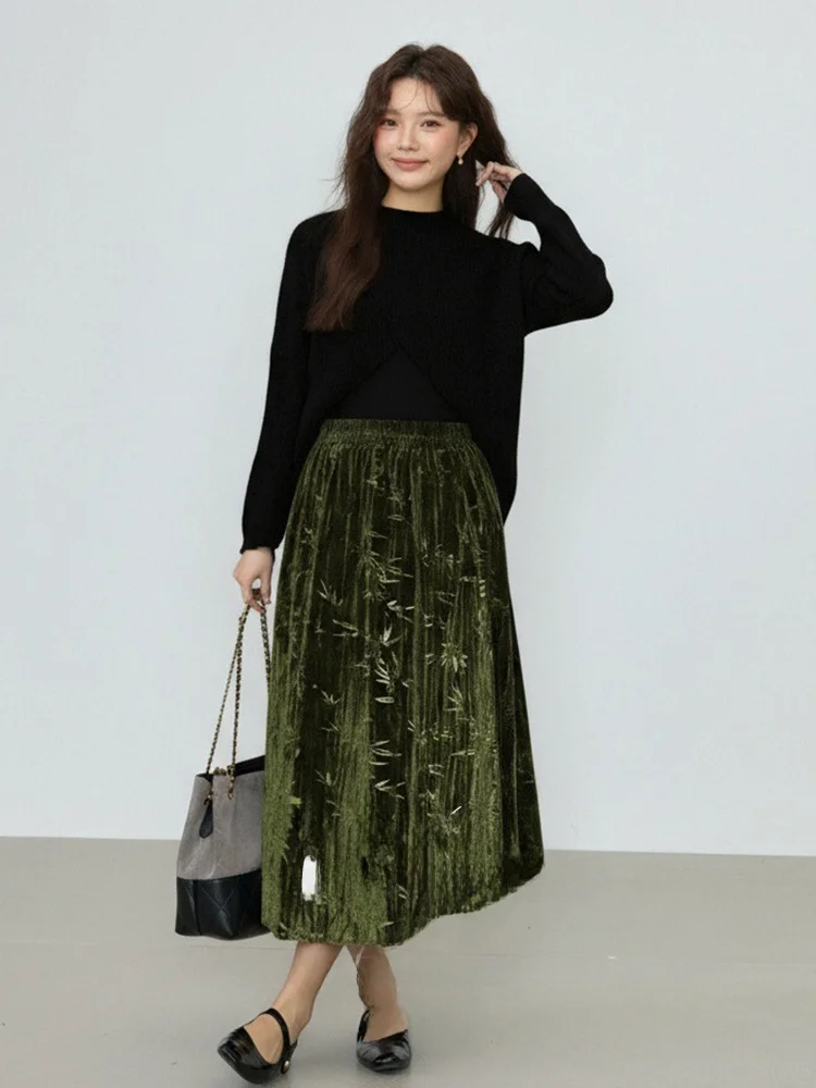 

plus Size Women's Sweater Set with Elastic Waist And Hidden Pattern in New Chinese Style Long Sleeve Mid-Length A-Line Skirt
