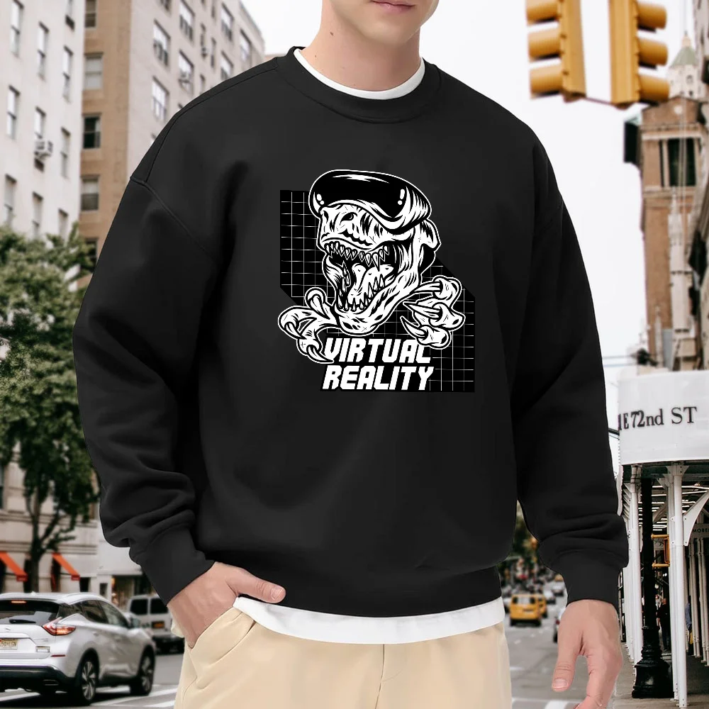 

Men's Black Crew Neck Loose Sweatshirt with Virtual Reality Print Pattern, Street Fashion Casual Top, Comfortable and Versatile for Everyday Wear, Sporty Style