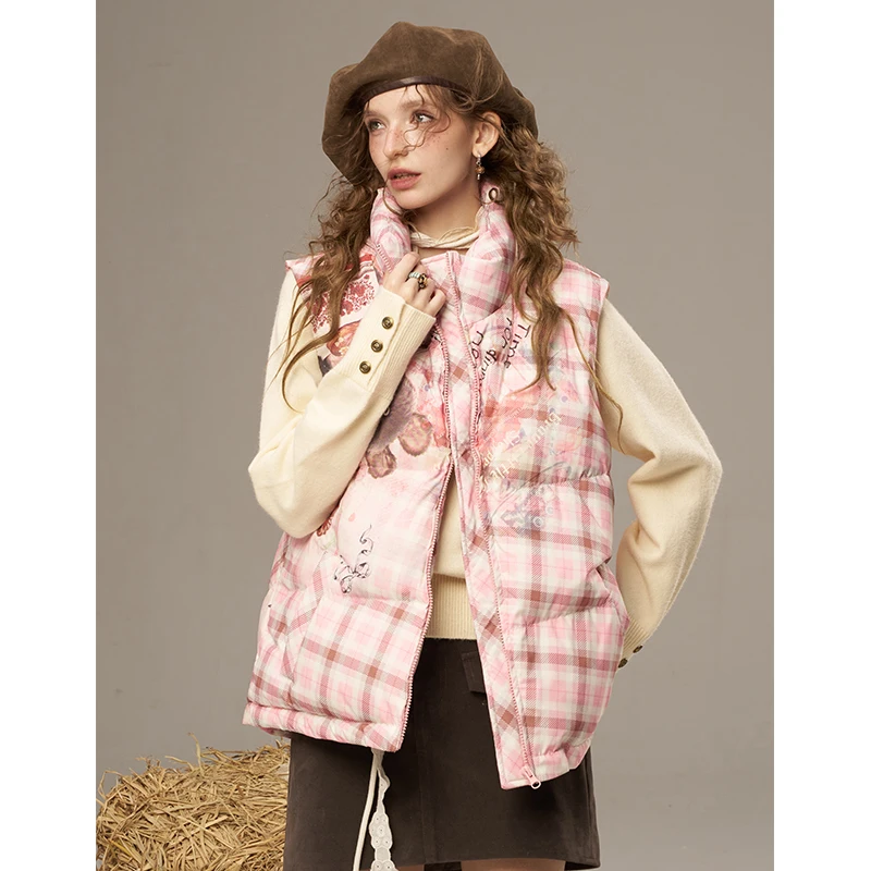 ELFSACK 2025 Autumn New Arrivals Casual Y2K Heart And Checkered Pattern Design Sleeveless Down Jacket For Woman