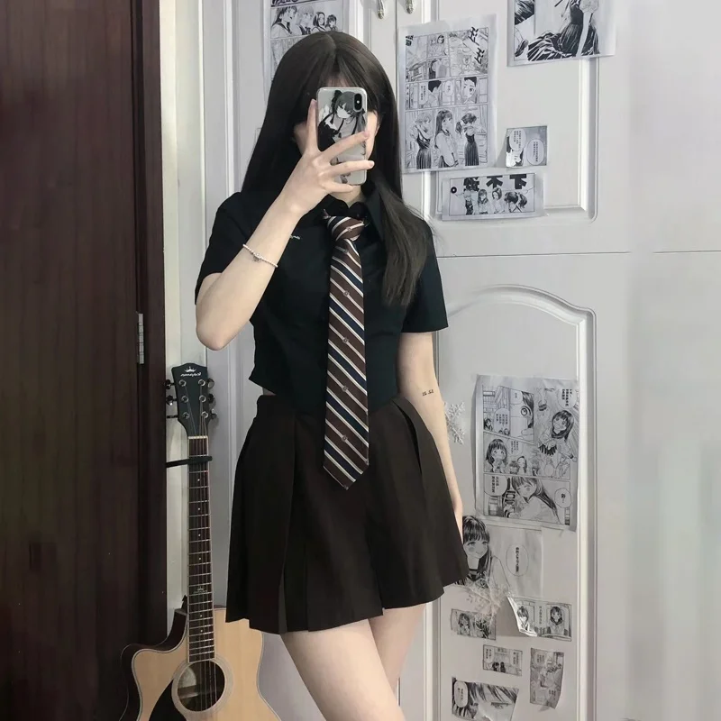 

Original Korean Style Short Sleeve Waist-Cinching School Uniform Shirt Black New Arrival Sweet Style Square Collar Button up