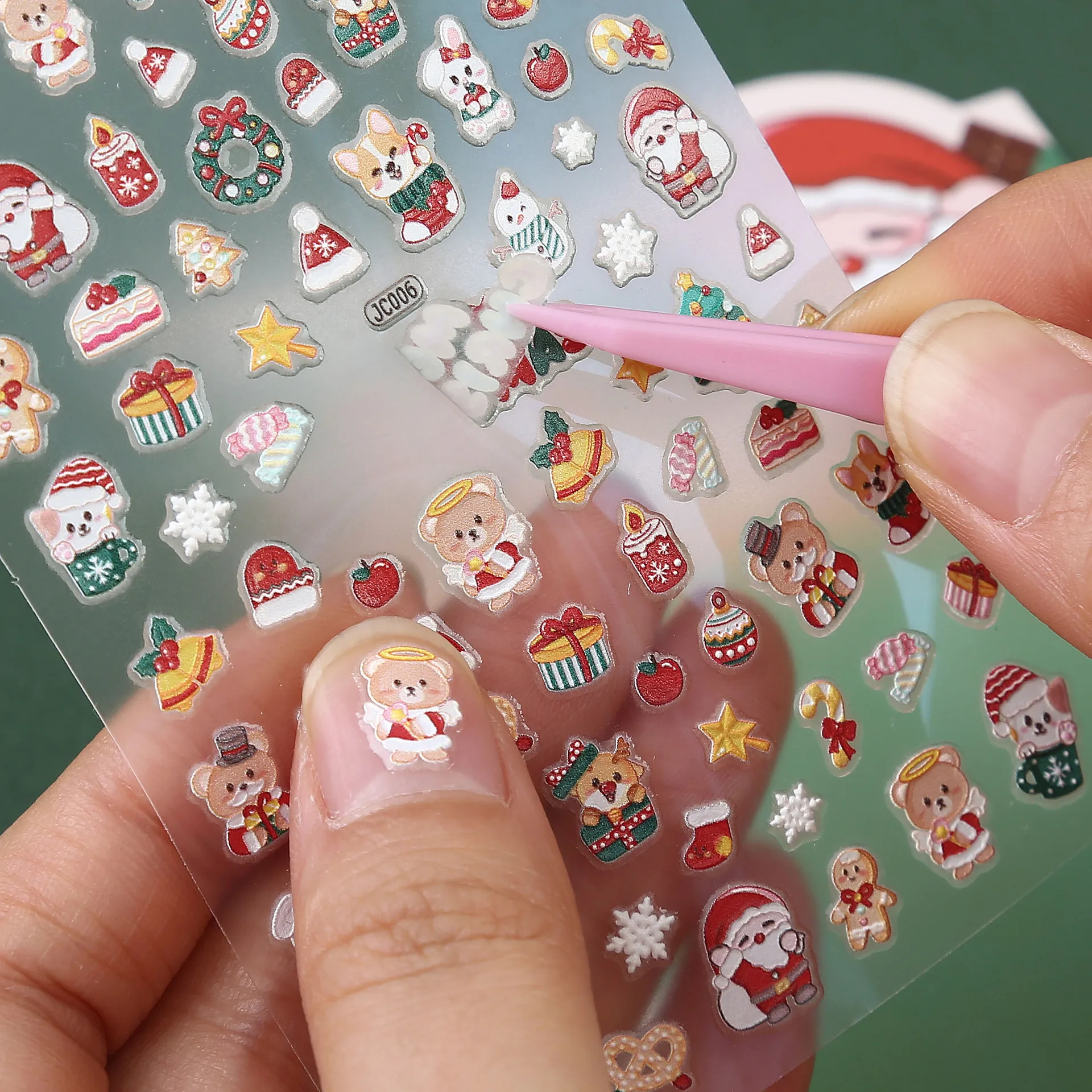 Nail Stickers 5D Embossed Christmas Santa Reindeer Cute Cartoon Waterproof Friendly for Children Finger Decals Party