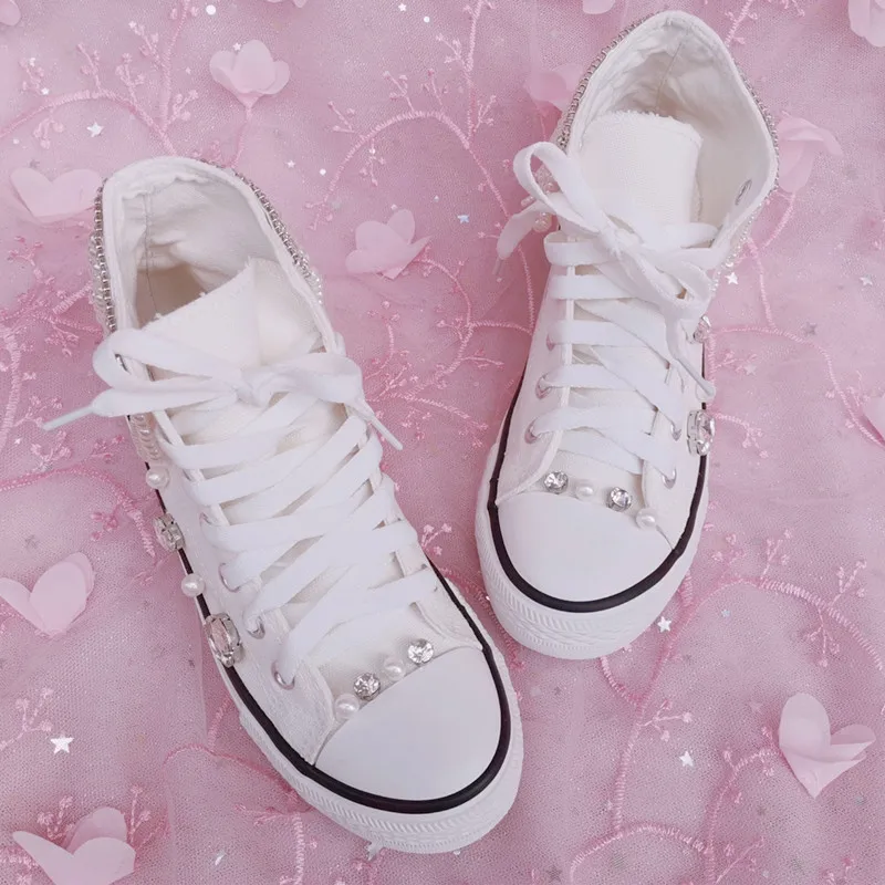 Women New Heavy Duty Beads High Canvas Fashion Pearl Diamond Casual shoes Size 35-44 Party Wedding Lady Shoes