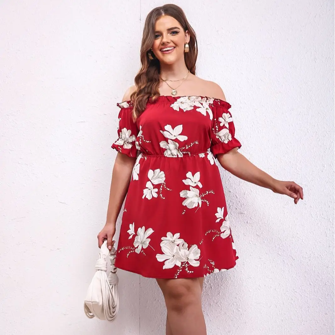 

2024 New Temperament Plus Size Printing Dresses Elastic Waist Printing Dress Women Summer Short Dress Fashion Casual Elegant
