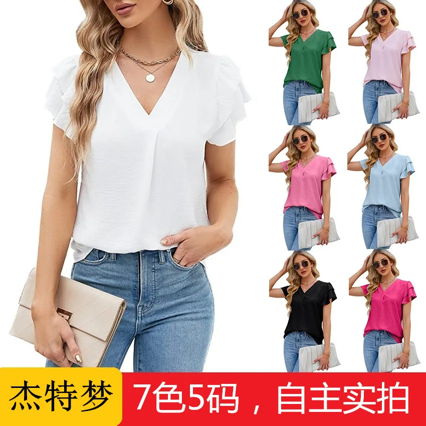 

New V-neck Chiffon Top Women Summer Elegant Ruffles Short Sleeve Blouses Solid Color Loose Shirts Office Ladies Shirt Tops