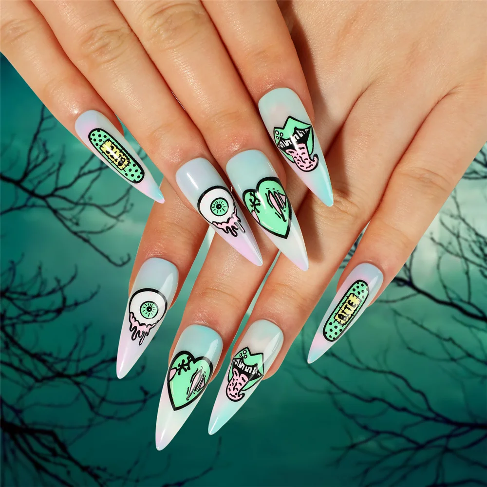 Halloween Party Cosplay Stiletto Fake Nail Tips With Design Eyeballs Tongue False Nails French Pointed Nails Set Press on Nails