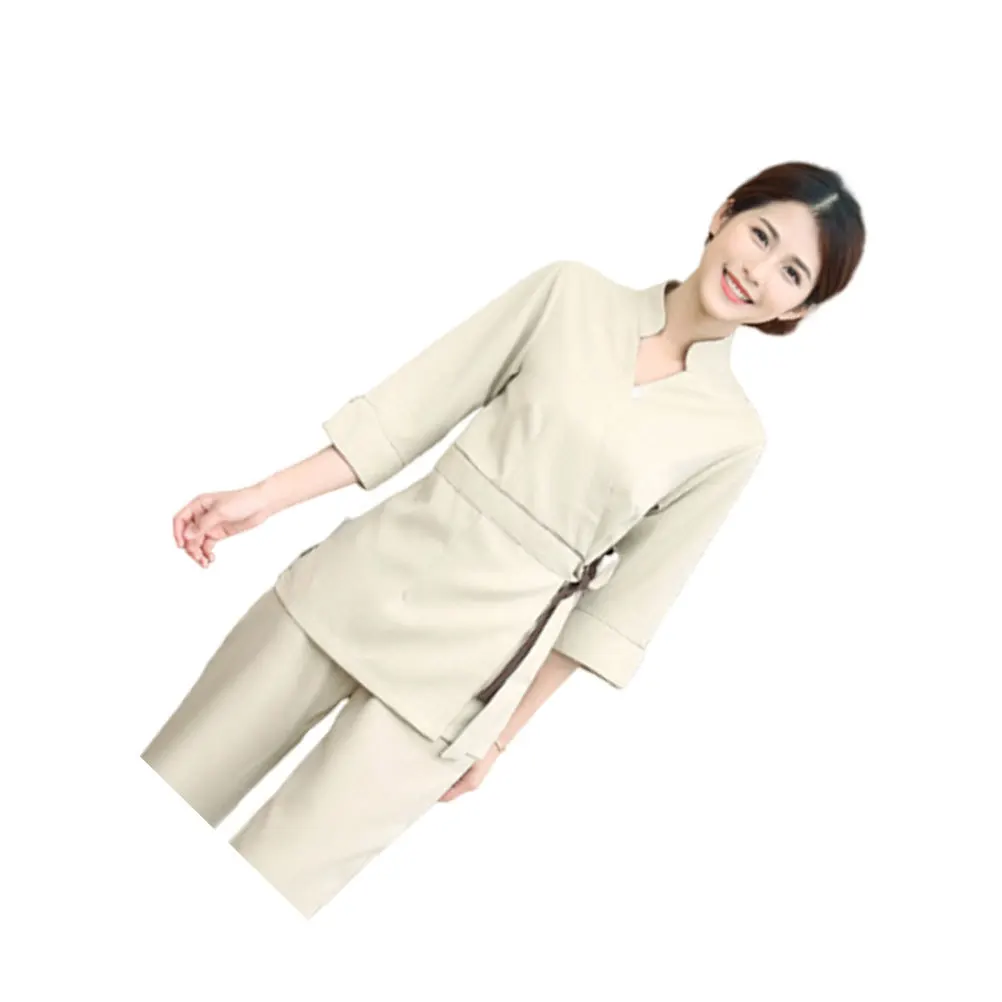 

1Set Professional Beauty Salon Uniform Cotton Apparel V Neck Fashion Long Sleeve Comfortable Working Clothes for Women Beige