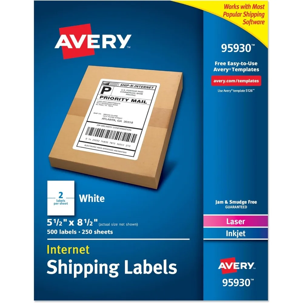 500 etiquetas de envio de meia folha Avery brancas, 5,5 x 8,5, ideais para embalagens e rotulagem de mercadorias