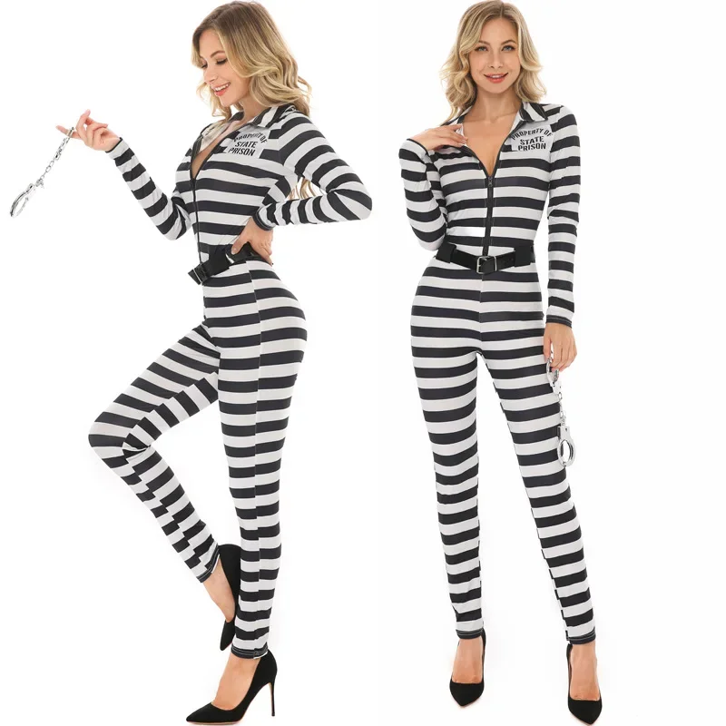 Adult Women Convict Prisoner Costume Cosplay Outfit Black White Stripes Jumpsuit Tights Fantasia Halloween Club Costumes