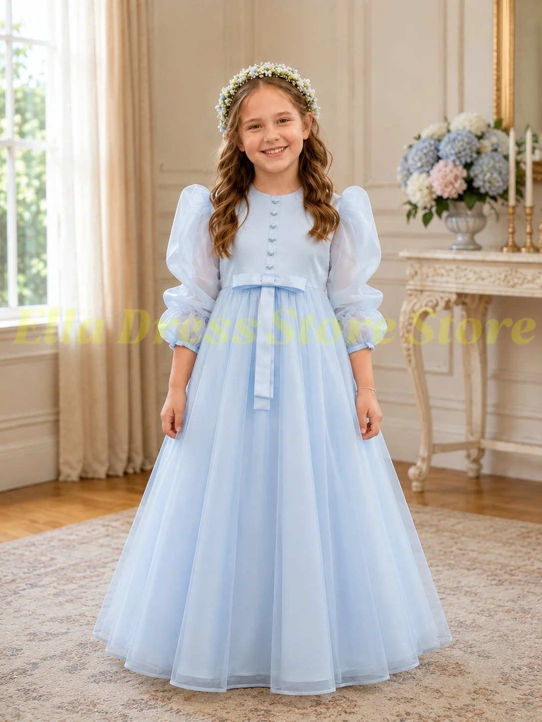 Maßgeschneidertes Großhandels-Blumenmädchenkleid in Hellrosa für Hochzeit, 3/4-Ärmel, Brautjungfernkleid, Geburtstagsfeier, Erstkommunion, Ballkleid – Detail 5