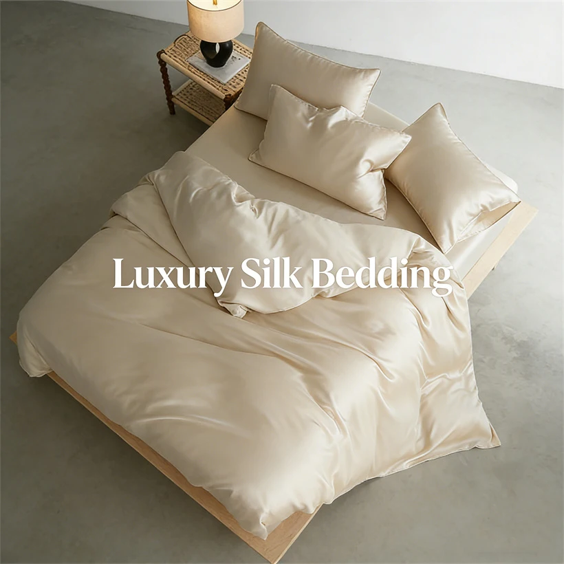 22mm Mulberry Silk Bedding Set Luxury Smooth Duvet Cover Set with Quilt Cover Bed Sheet Pillowcase for Twin Full King Queen Bed