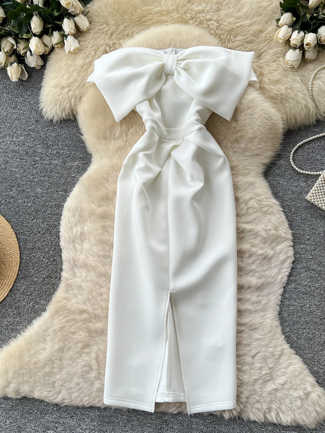 Elegant Off-Shoulder Midi Dress Women's White  Knot Waist Cinching Slit A-Line Skirt Summer Fashion Casual City Commute