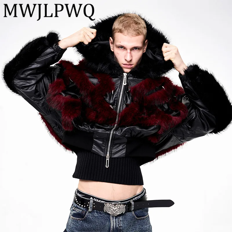 

MWJLPWQ Мужская куртка с капюшоном из искусственного лоскутного шитья, осенне-зимняя нишевая стильная короткая куртка с заклепками и меховым воротником, модная короткая куртка 12351