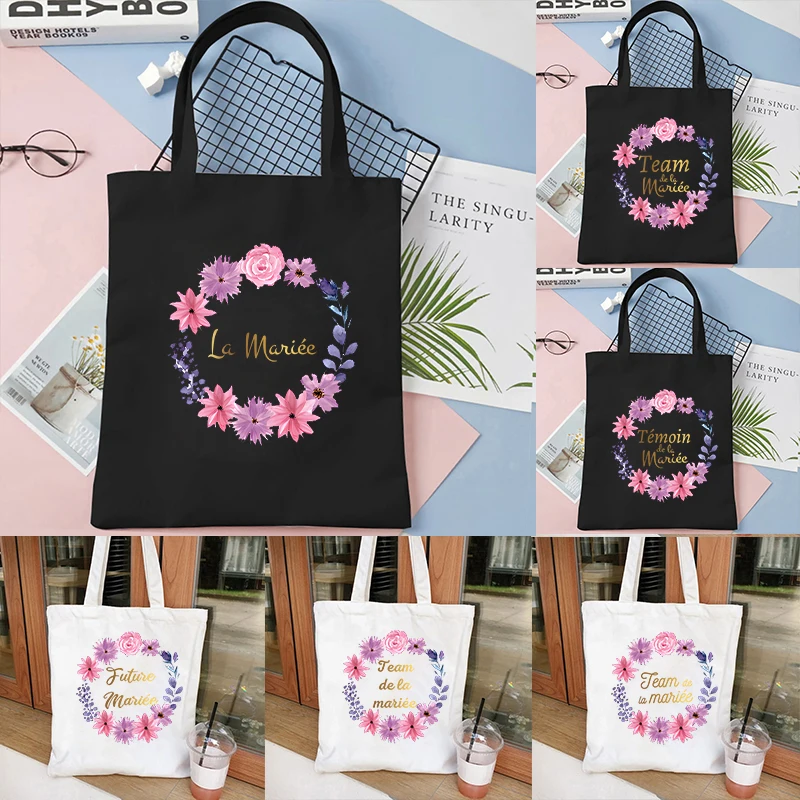 

French EVJF Team Future Bride Shopping Bag Bridal Wreath Wedding Girls Single Farewell Bachelorette Party Canvas Tote Bag