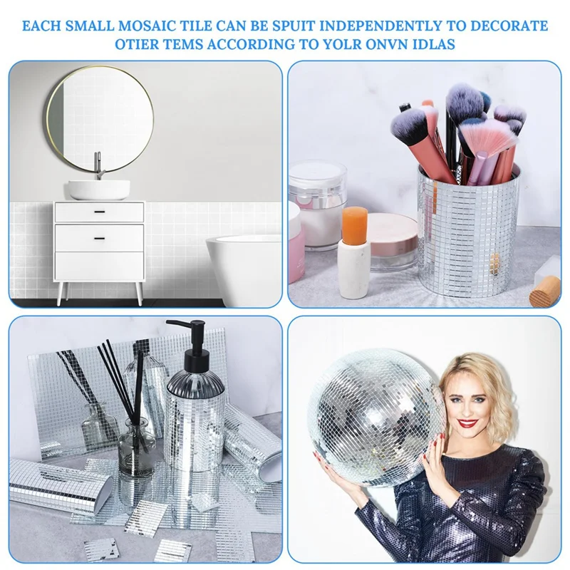 AA89-6 Sheets Disco Tiles,Silver Mini Square Mirror Tiles Self Adhesive Mirror Mosaic Tiles Glass Disco Ball Tiles