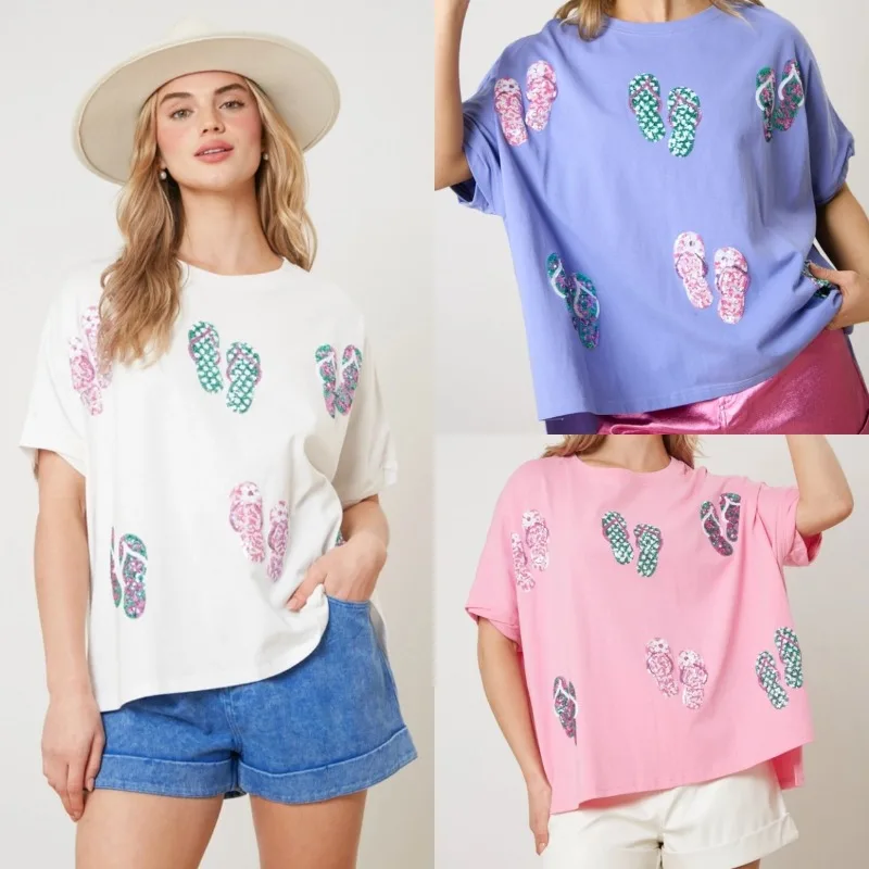 

New Lobster Slippers Pattern Sequined T-shirt Women Retro Short Sleeve Tops 2024 Female Fashion Loose O-neck Tee Clothes