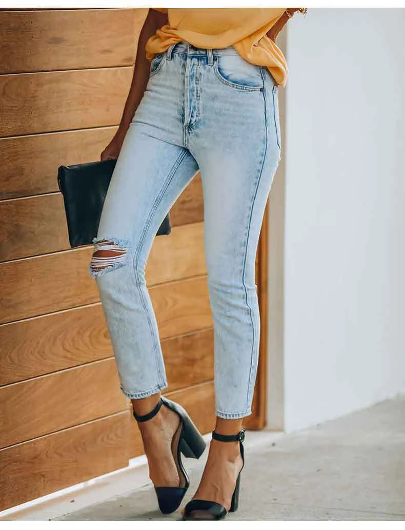 2023 New Women's Spring and Summer Stretch Wash Ripped Straight Street Style Denim Trousers Casual Office All-match Jeans Lady