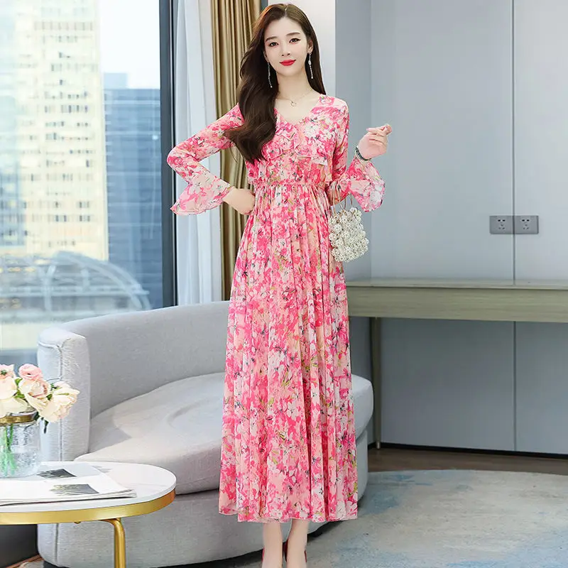 Broken Flower Chiffon dress women's 2022 early spring new style temperament large waist slim holiday dress