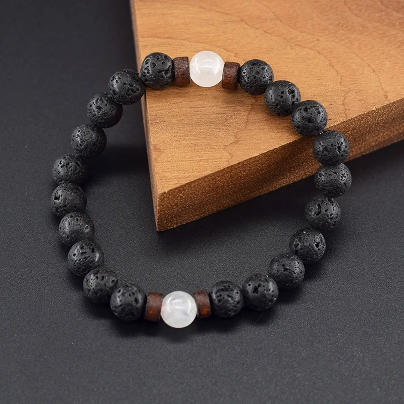 Genuine Natural White Jade Beaded Bracelet Women Men Round Jade Stone Volcanic Lava Elastic Purify the Soul Yoga Meditation Gift