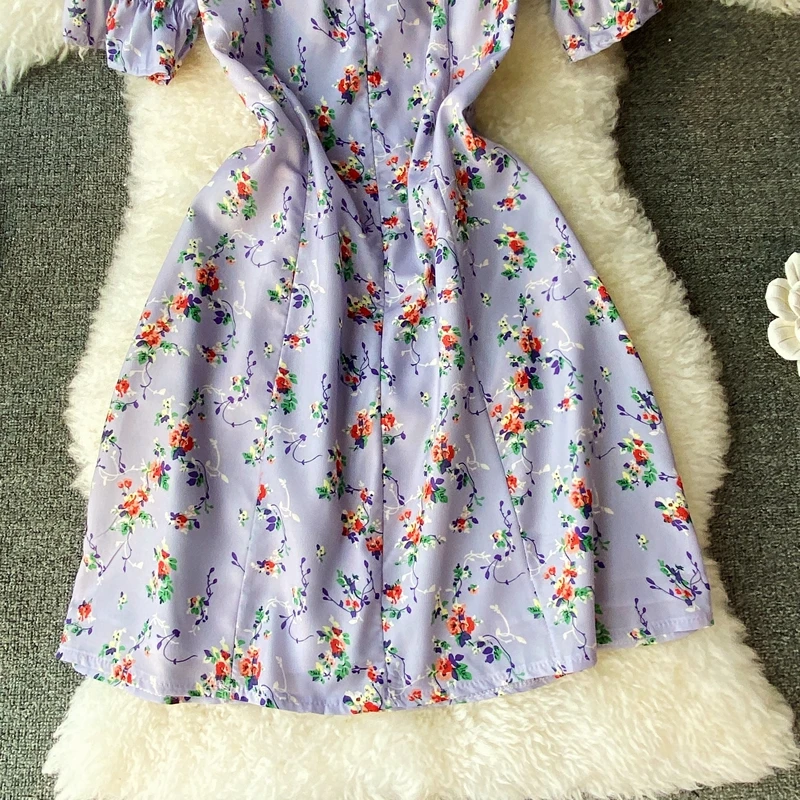 보라색 꽃 프린트 짧은 드레스 여성 여름 부드러운 빈티지 첫사랑 티 브레이크 민들레 드레스 스퀘어 칼라 a 라인 스커트