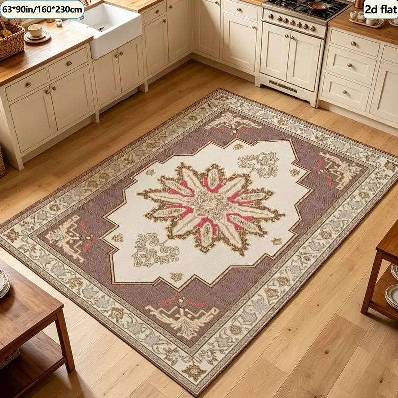 Classic Retro Medal Pattern Border Carpet Washable Carpet Non-Slip Indoor Living Room Bedroom Home Floor Carpet