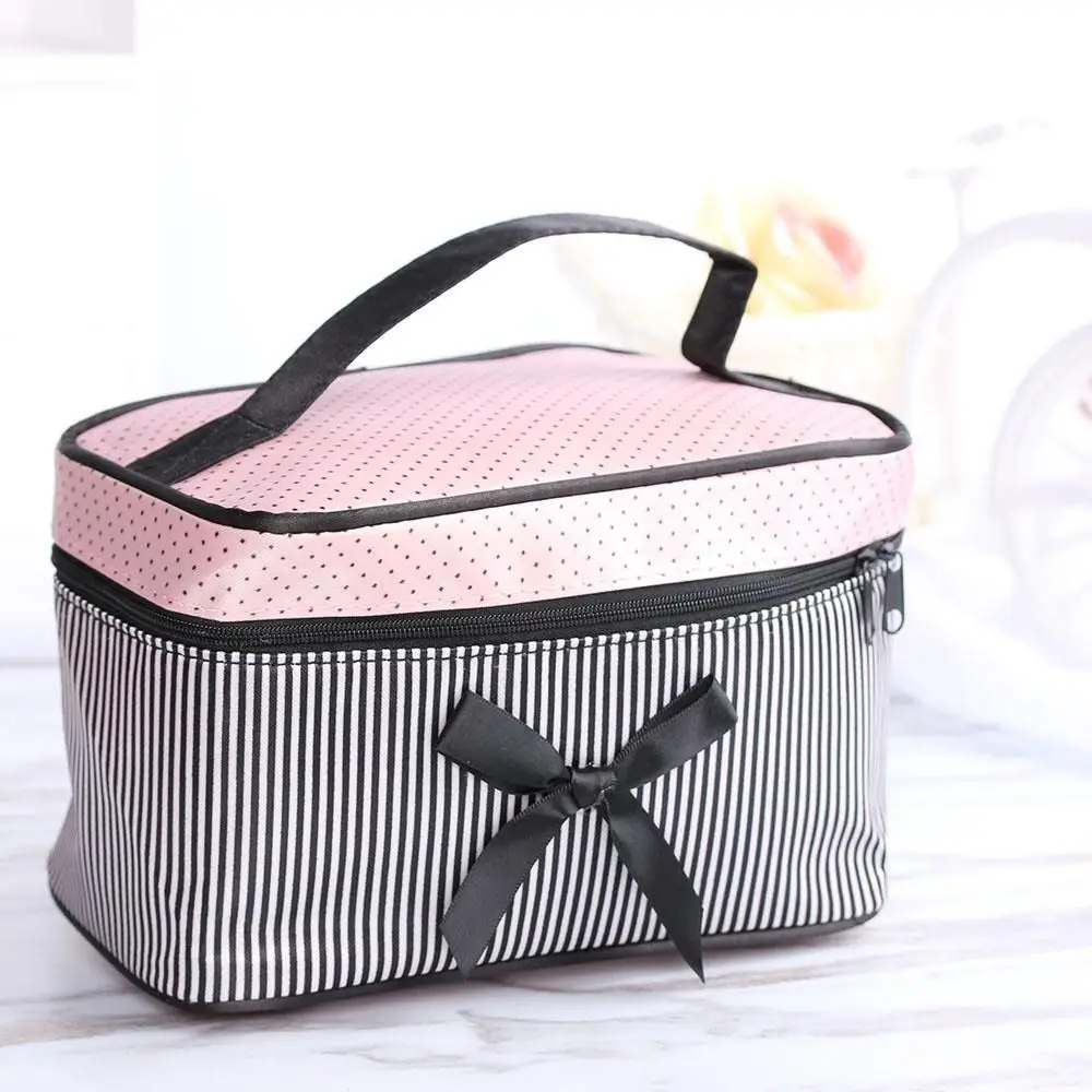 Cute Portable Cosmetic Bag Bow Stripe Wash Organizer Make Up Bags Handbag Women Girl
