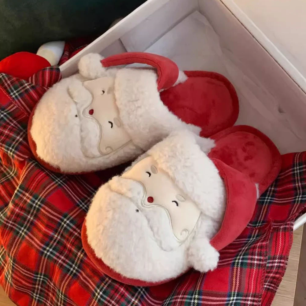 Christmas Santa Claus Slippers Warm Slip-on House Shoes Comfortable Flat Thermal Slippers Cute Furry Slippers for Indoor Bedroom