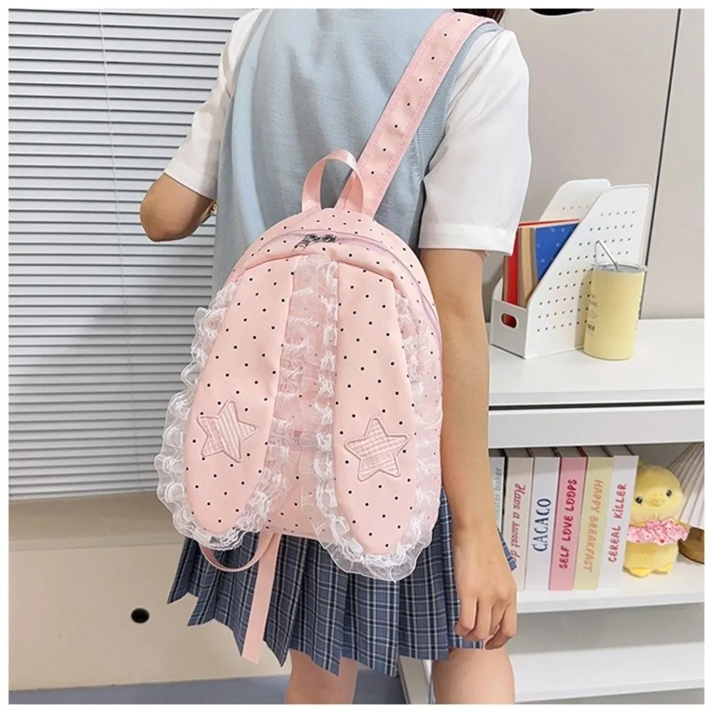 Fashion Polka Dot Bunny Ear Lace Backpack Large Capacity Lightweight Lace Ruffle Backpack Polka Dot Backpack Women and Girls
