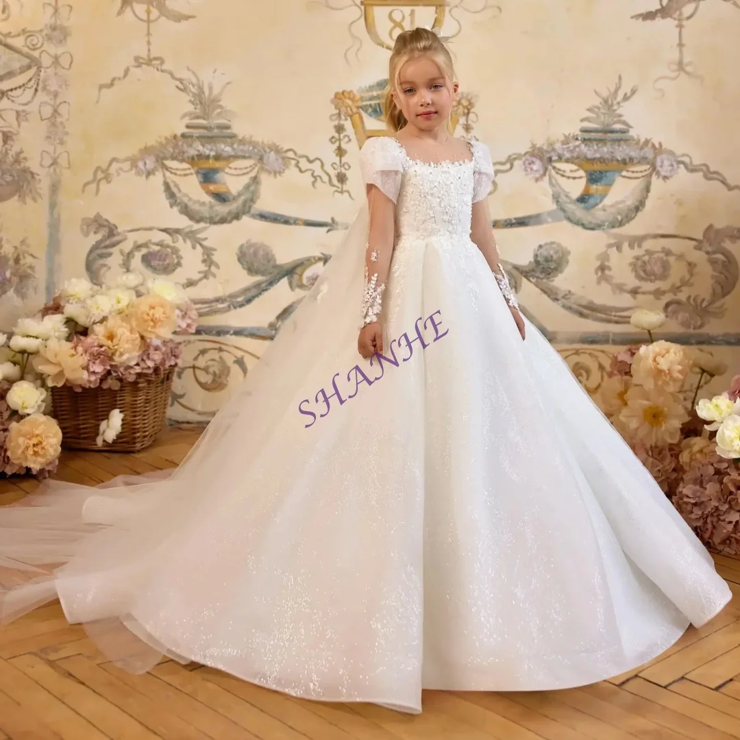 فساتين فتاة الزهور الفاخرة المخصصة لحفلات الزفاف مع فستان حفلة ملفوفة أول مناولة فستان طفلة فساتين حفلات أعياد الميلاد