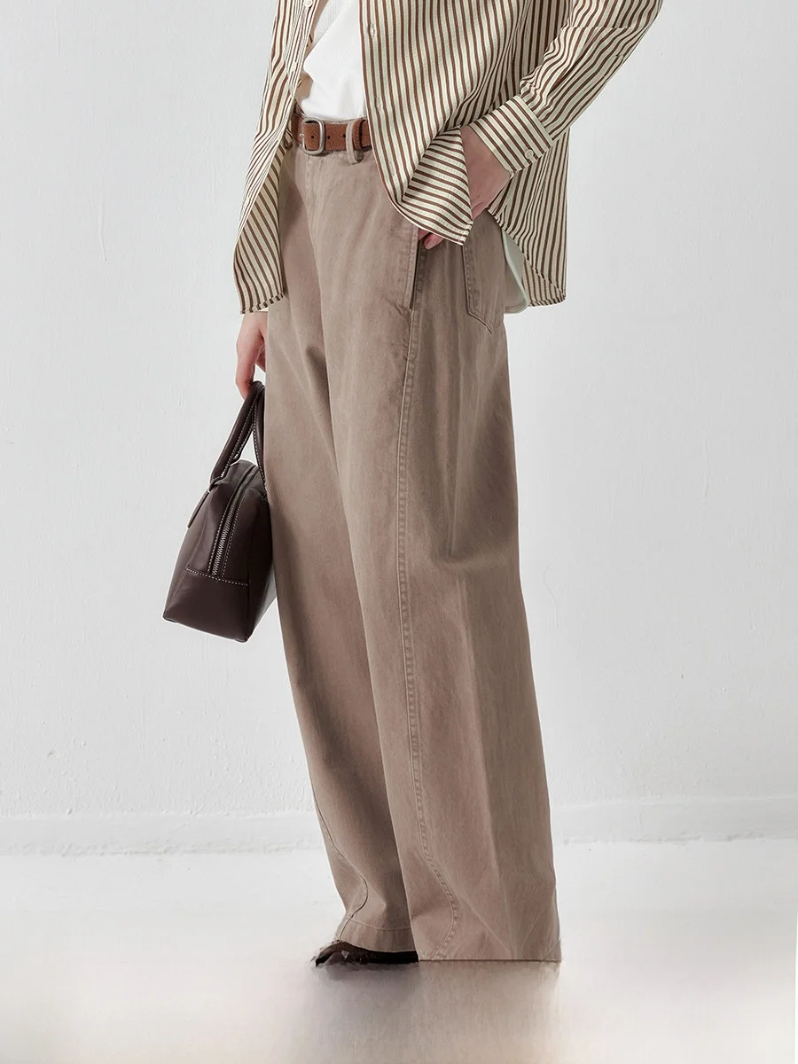 

High Waist Belted Knife-ape Cotton Denim Pants Vintage Brown Metal Ladies Loose Fit Floor-Length Trousers Casual Wear