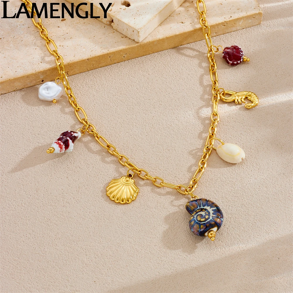 

LAMENGLY 316L Stainless Steel Exquisite Colored Glaze Conch Pearl Shell Pendant Necklace Women Glamorous Clavicle Chain Jewelry