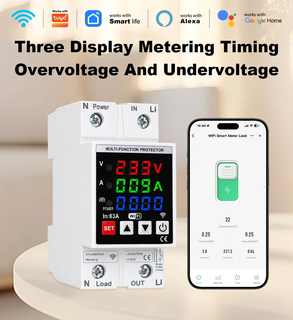 63A WIFI Smart Circuit Breaker Power Metering 3in1 Display DIN Rail Over Voltage And Under Voltage Protector Work With Tuya
