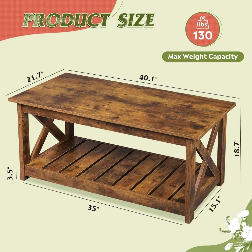 Mesa de centro, mesa de centro de granja 40.1 con estante de almacenamiento de láminas y marco en forma de X, mesa central de madera de 2 niveles para sala de estar