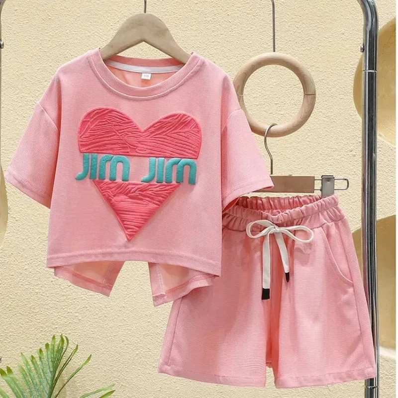 Summer Children Girls Sweet Heart Chothes Set Teenage Short Sleeve T-shirts and Shorts 2 Pieces Suit Kid Fashion Outfits