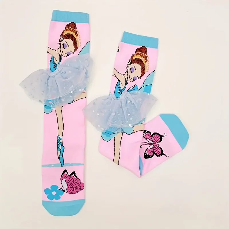 1 pair of children's knee-high stockings with ballerina image pattern