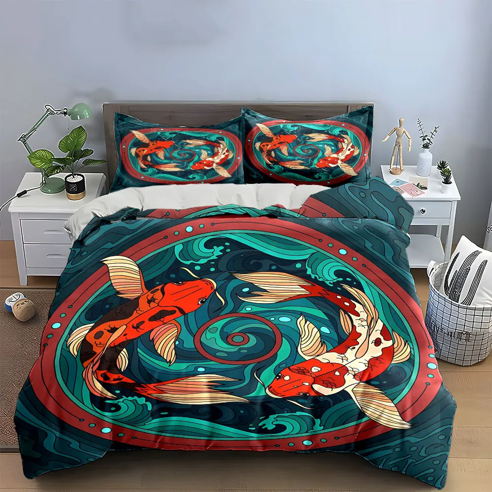 Koi Fish Art Decorative Set Bedding Set with 1 Duvet Cover 2 Pillowcases Single Double King Queen, Gift