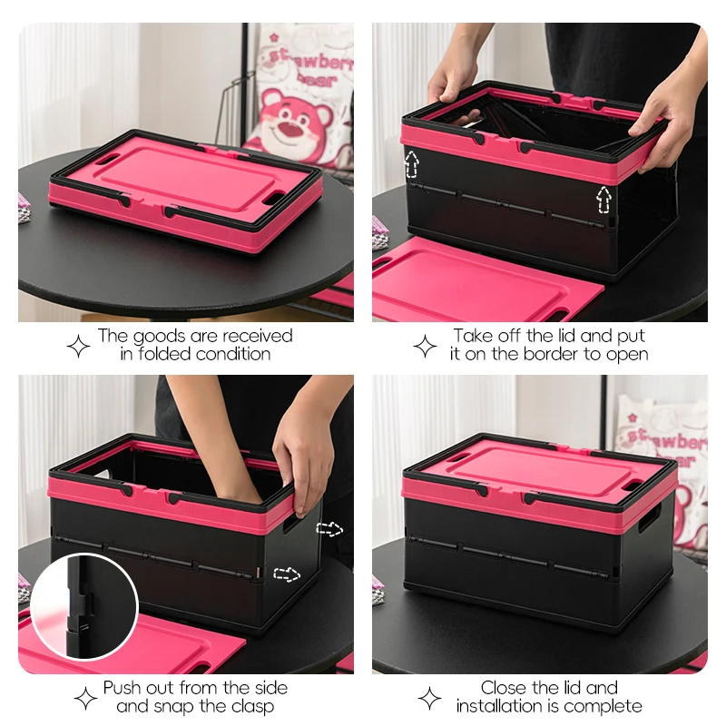 New Style Black Pink Fashion PP Material Folding Storage Box Sundries Food Container Picnic Storage Basket with Handle and Lid