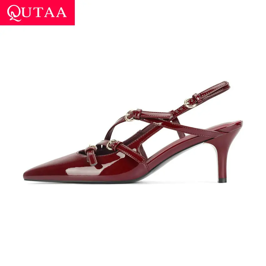 QUTAA 2024 Women  Patent Leather Sandals Thin High Heels Party Wedding Shoes Woman Prom Pumps Slingbacks Summer Shoes Size 34-43