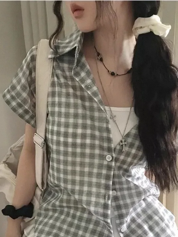 

Chic Vintage Plaid irt Women's Summer Lightweight ort Sve Turn-down Collar Midi Length Slimming Top for Younger Look