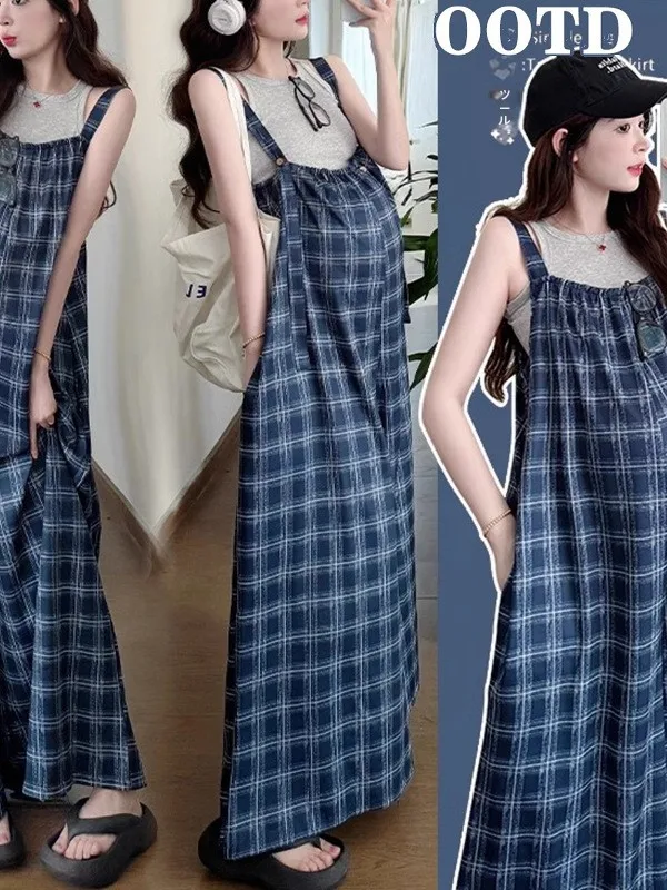Laid-back Retro Plaid Wide Leg Overalls Women's Spring Summer New Loose Casual Slimming Pregnant Women's One-piece Trendy
