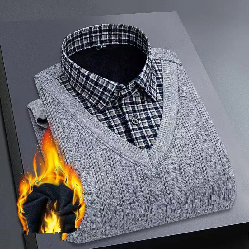 2025 Men's Fashionable Warm And Cozy Faux Two-Piece Pullover Sweater - High-Quality Fall And Winter Business Coat-Style Sweater