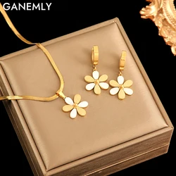 GANEMLY 316L Stainless Steel  Vintage Daisy Necklace Earrings Set For Women Fashion New Cute Flower Jewelry Set Lady Gift Party