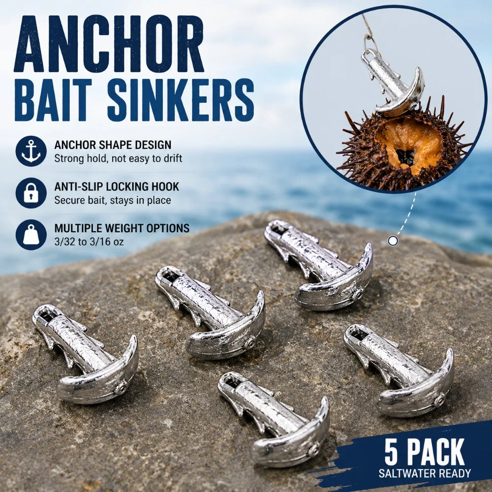 

Sea Urchin Bait Anchor Shaped Sinker with Anti-Slip Locking Hook for Secure Fishing Setup Saltwater Metal Weight 3/32 to 3/16 oz