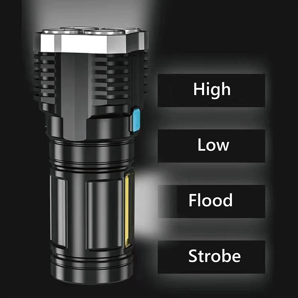 High Power LED Flashlight 4 Chips Floodlight with High/low/Strobe/Side Light 4 modes 18650 Battry USB Rechargeable LED Torch