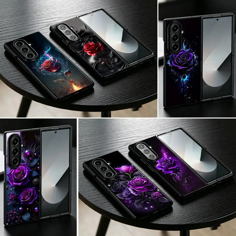 Purple Rose Crystal Bead Phone Cover Case for Samsung Galaxy Z Fold 8 Ultra ZFold6 ZFold4 ZFold5 ZFold3 Z Fold 7 6 5 4 3 ZFold7